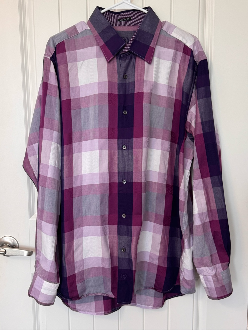 Bugatchi Uomo Classic Fit Plaid Button Front Shirt XL Purple Pink